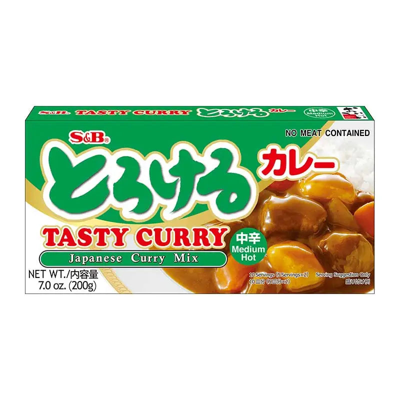 S&B Tasty Curry Japanese Curry Mix Medium Hot 200g packet, with curry spices and seasoning visible in the image