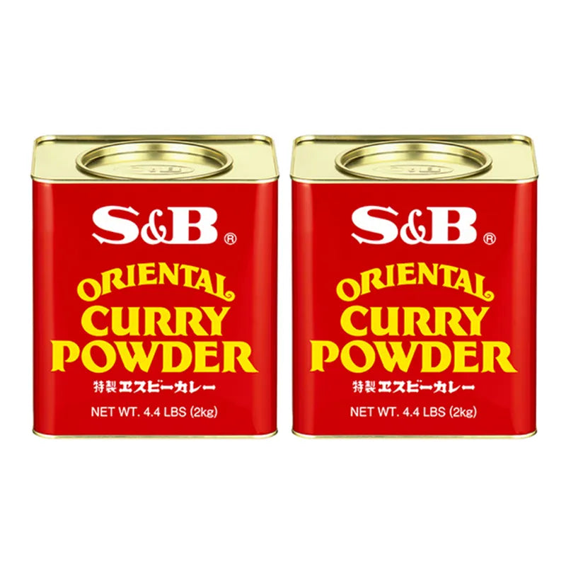 S & B Oriental curry powder mix with turmeric, coriander, orange peel, chili, cinnamon, and cardamom in two 2kg boxes.