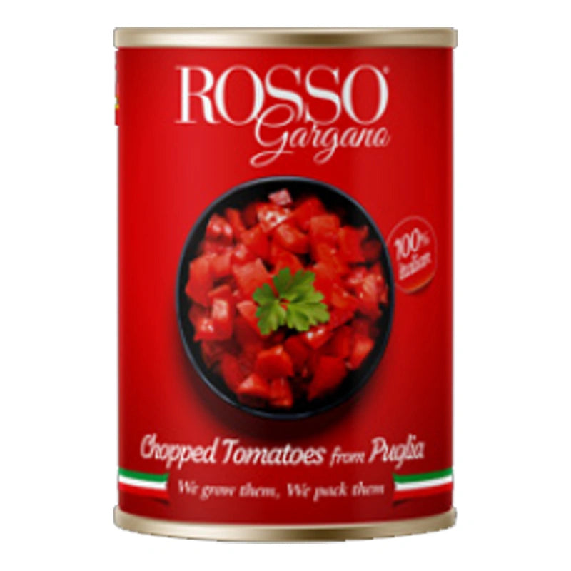Canned ROSSO Chopped Tomatoes 400g in a metal can with label, ready for cooking or recipes.