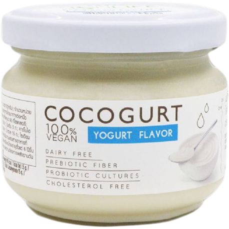 Cocogurt Agrilife healthy yogurt in a clear container with coconut pieces, showcasing its creamy texture and natural ingredients.