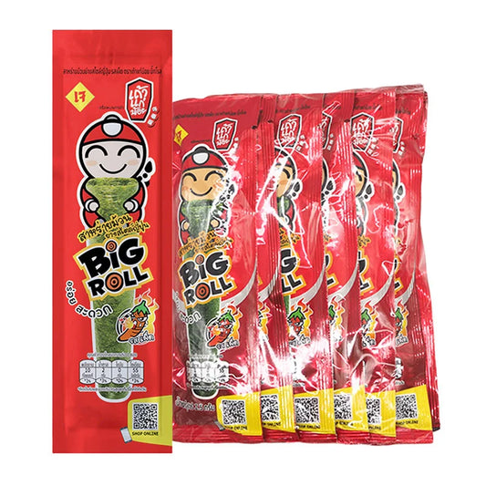 TAOKAENOI Big Roll Spicy Grilled Seaweed snack, 2.5g per piece, 12-pack, crispy and flavorful seaweed sheets for snacking.