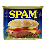 Canned Spam Luncheon Meat in a can, ready for slicing and cooking, showcasing the classic Spam brand's processed meat product.
