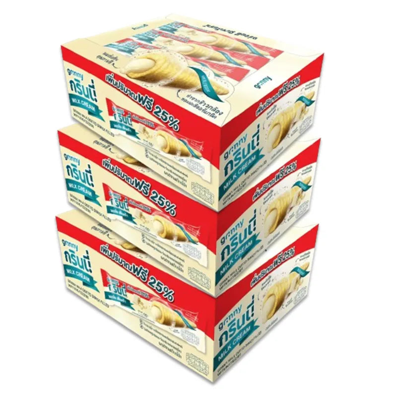 GRINNY MILK COATED SNACK FILLED WITH MILK CREAM . (BOX 12PCS) X3