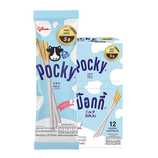 Glico Pocky Milk Biscuit Sticks in 10g packs, showing chocolate-coated biscuit sticks arranged in a box.