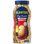 Planters Peanuts Dry Roasted Unsalted in a clear bowl, showing golden dry roasted peanuts perfect for snacking.