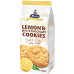 Merba Lemon & White Chocolate Cookies, confectionery snacks with lemon zest and white chocolate chunks, shown on a plate.
