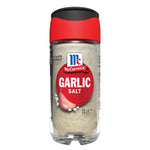 Mccormick Garlic Salt 73g jar, dry grocery seasoning with garlic and salt, close-up of the spice container.