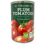 Sainsbury's Italian plum tomatoes in a grocery bag, showcasing fresh, ripe tomatoes ideal for cooking or salads.