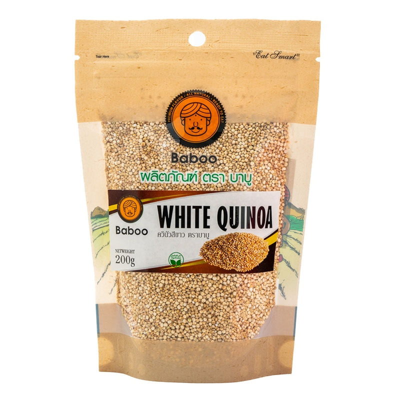 White quinoa snack by Baboo, healthy confectionery snack with crunchy texture, featuring white quinoa grains in a natural setting.
