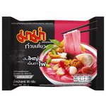 Mama Flat Noodles Yentafo Spicy Sauce in a grocery package with vibrant label and noodles visible in the image.