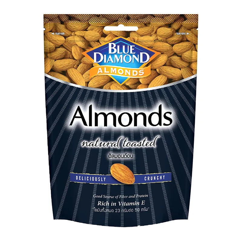 Blue Diamond Natural Almonds in 400g bag, whole and raw, showcasing their light brown shells and fresh almond inside.