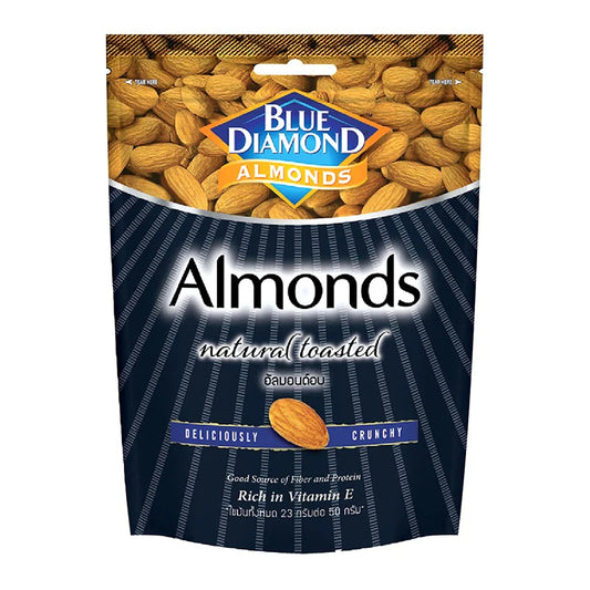 Blue Diamond Natural Almonds in 400g bag, whole and raw, showcasing their light brown shells and fresh almond inside.