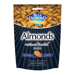 Blue Diamond Natural Almonds in 400g pack, dry grocery snack, showcasing whole blue almonds in a clear bag.