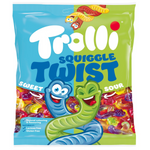 Colorful Trolli Squiggles Twist confectionery snacks in vibrant rainbow colors, showcasing their fun, twisted gummy candy shape.