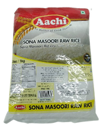 Aachi Sona Masoori raw rice grains in a bowl, showcasing the light, aromatic Indian rice variety on a white background.