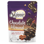 Skinnie Almond Chocolate confectionery snack featuring a chocolate-covered almond on a white background