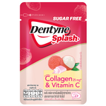 Dentyne Splash Lychee confectionery snack with lychee-flavored chewing gum pieces in a colorful package.