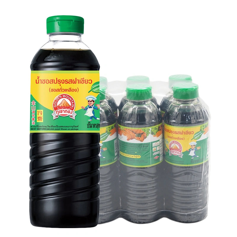 Golden Mountain Seasoning Sauce with green cap in 500 mL bottles, shown in a pack of six, for enhancing Asian dishes.