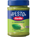 Jar of Barilla Genovese Pesto with basil and pine nuts, ready to be used in pasta dishes or spreads.