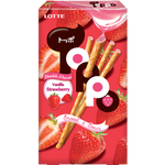 Lotte Toppo Strawberry confectionery snack box showing chocolate biscuit sticks filled with strawberry-flavored cream.