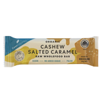 Ceres Organic Cashew Salted Caramel Bar showing the chocolate-coated bar with visible salted caramel and cashews inside.