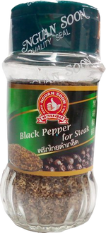 Nguan Soon black pepper for steak in a grocery package, showing black peppercorns ready for seasoning culinary dishes