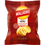 Walkers Tomato Sauce Crisps, crunchy confectionery snacks with tomato flavor, in colorful packaging.