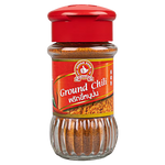 Ground chili from Hand Brand in a grocery product image, showing vibrant red chili powder in a clear container.