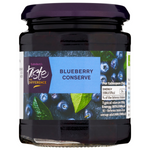 Sainsbury's Taste The Difference blueberry conserve jar with blue and purple jam inside, featuring a white lid and label