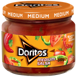 Doritos Medium Salsa Dip in a jar, showing the colorful label and creamy texture, ideal for dipping snacks.