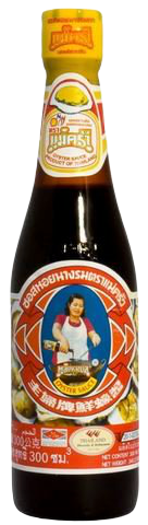 Bottle of Mae Krua Oyster Sauce for cooking, featuring the Mae Krua brand label and transparent packaging showing the dark sauce inside.