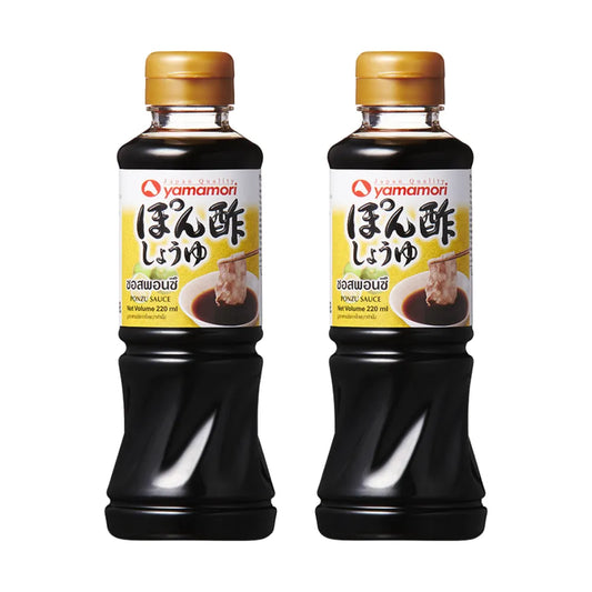 YAMAMORI Ponzu Sauce in 220 mL bottles, featuring a citrusy Japanese soy sauce with a tangy flavor, displayed in the image.