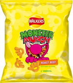 Walkers Monster Munch Roast Beef confectionery snack bag featuring crunchy snack chips with roast beef flavor.