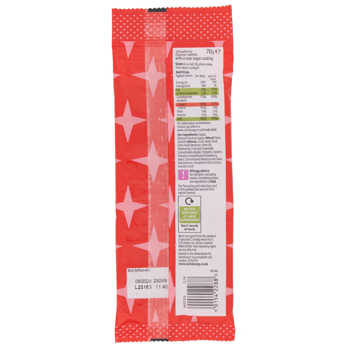 Sainsbury's Fizzy Strawberry Straws Sweets