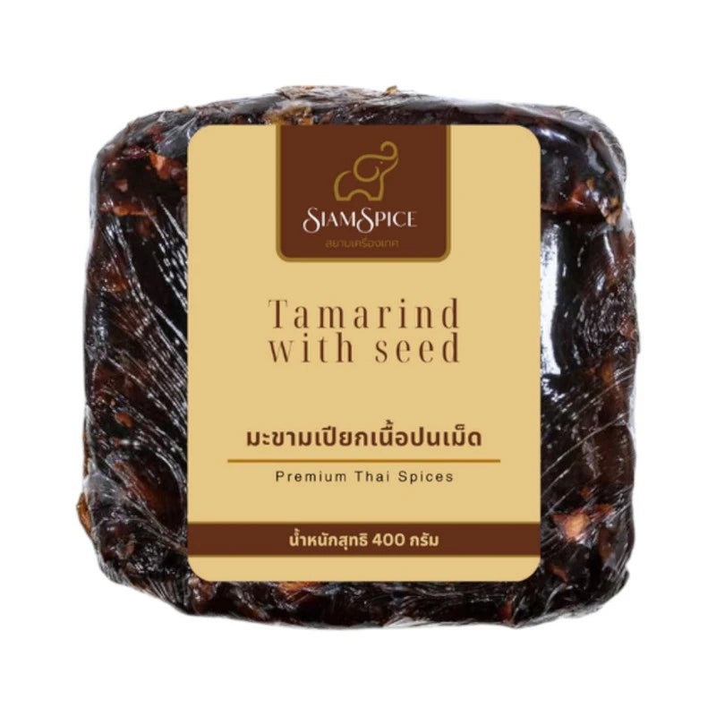 SiamSpice Tamarind with seed 400g, selected grade, showing fresh tamarind pods and seeds in a natural setting