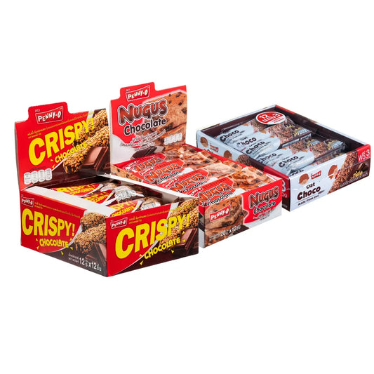 PENNYO Chocolate Snacks Crispy Oat Bar and Nugus x3, showing multiple snack bars with chocolate coating and crispy oat texture