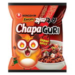 Nongshim Angry Chapaguri Super Spicy instant noodle bowl with spicy broth, noodles, and seasoning packet visible in the image.