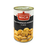 Canned MICA Whole Champignon Mushrooms in brine, 400g jar, showing glossy mushroom caps submerged in liquid.