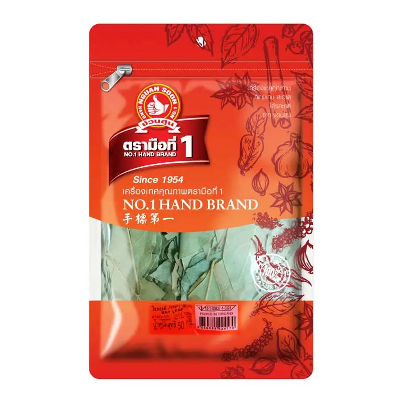 Dried bay leaves from NO.1 HAND BRAND in a 50g package, used for cooking and seasoning in culinary dishes.