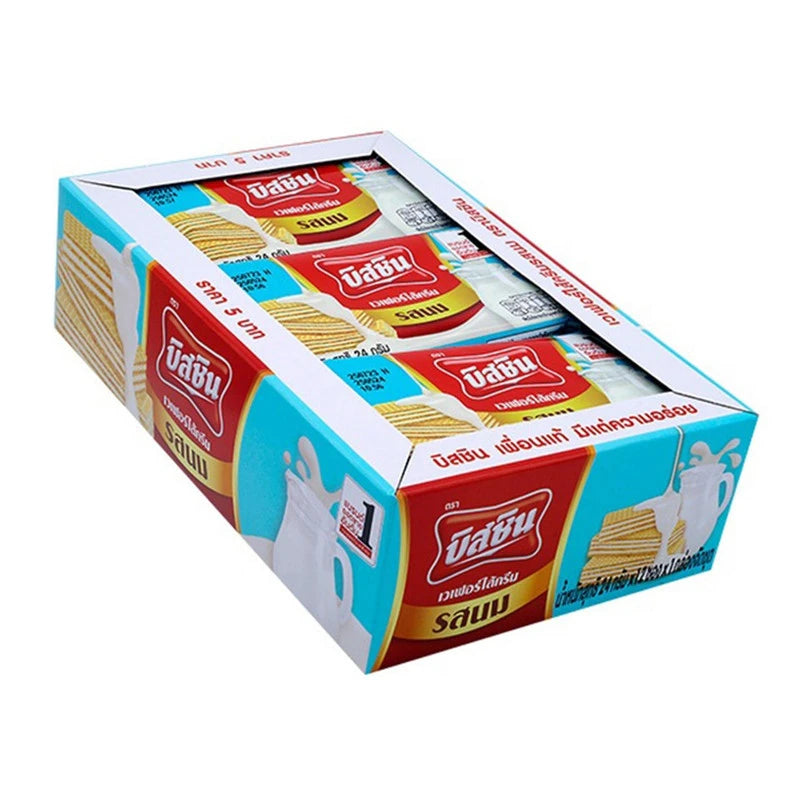 BISSIN Milk Flavored Wafer Snack in a 24g pack, showing individual sachets with crispy wafer layers and milk flavor branding.