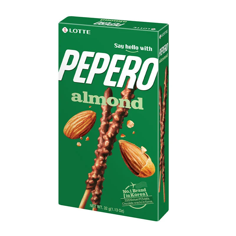 Lotte Almond Biscuit Stick 32g, crispy almond-flavored snack with chocolate coating, displayed on a plain background.