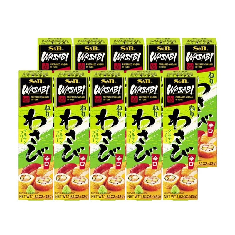 S&B Neri Wasabi tube, 43g, made in Japan, 10-piece pack showing green wasabi paste in a tube for sushi and dishes