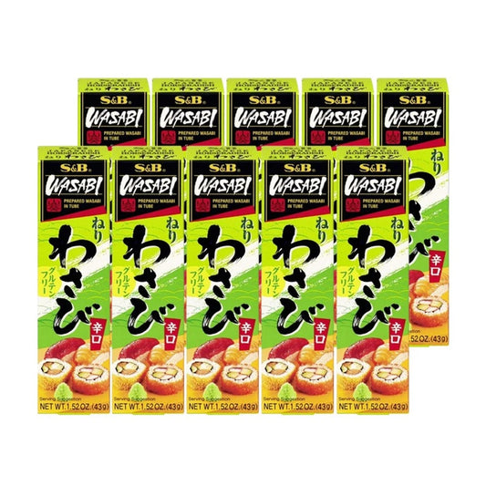 S&B Neri Wasabi tube, 43g, made in Japan, 10-piece pack showing green wasabi paste in a tube for sushi and dishes