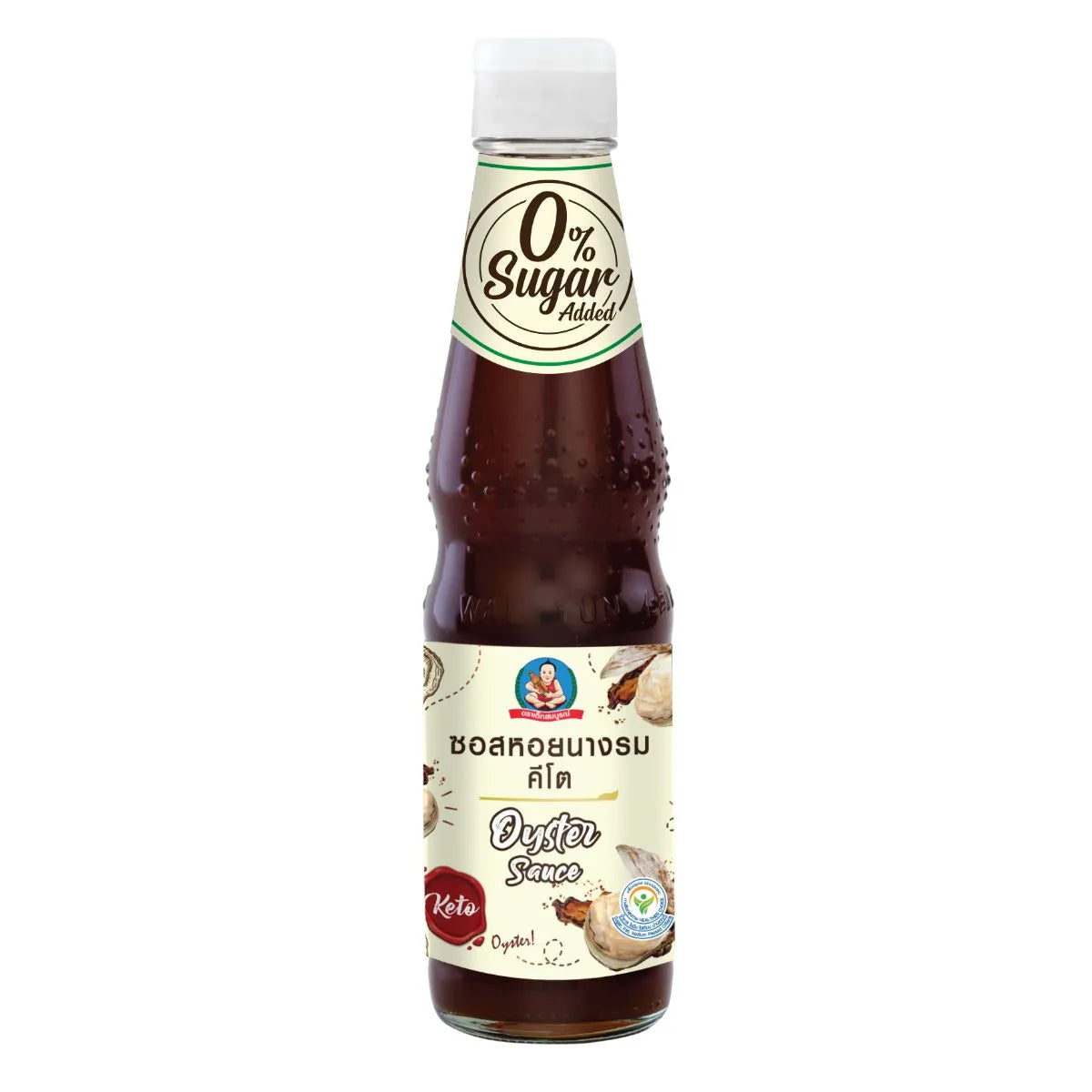 DEKSOMBOON Keto Oyster Sauce 350g jar, smooth dark sauce with oyster flavor, ideal for Asian dishes and stir-fries.