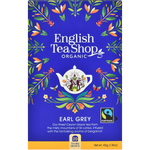 English Tea Shop Organic Earl Grey tea bags, showcasing the individually wrapped black tea bags with grey and gold packaging.
