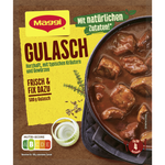 Maggi Gulasch Beef Flavor grocery product, featuring a colorful packet with goulash seasoning mix and beef flavor ingredients.
