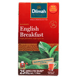 Box of Dilmah English Breakfast Tea bags, 25-count, featuring traditional packaging and tea bags ready for brewing.