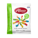 Albanese Sour Mini Neon Worms gummy candies in bright colors, colorful confectionery snack with sour coating