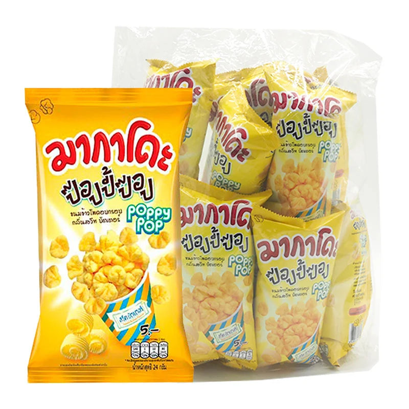 MAKADO Poppy Pop Potato Fries Sweet Butter Flavor, 24g, showing crispy snack with buttery coating in bright packaging.
