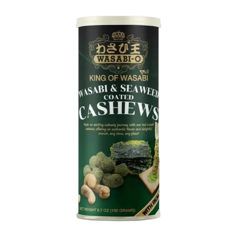 Wasabi-o coated cashews with seaweed flavor, showing crispy nuts covered in green wasabi and seaweed seasoning.